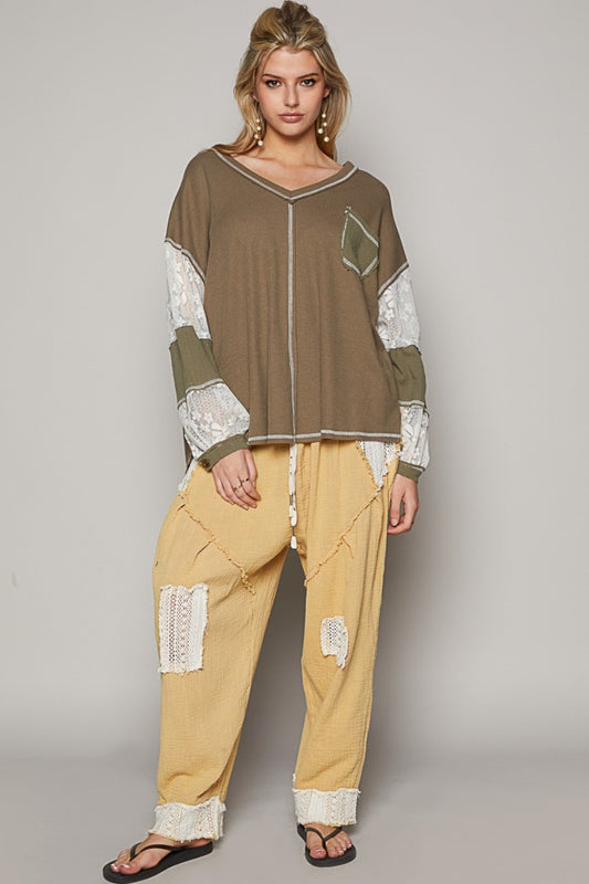 POL V-Neck Lace Balloon Sleeve Exposed Seam Top Khaki Olive Apparel/Tops POL Ship from USA TikTok Tops Trendsi USPS Walmart Walmart Apparel Trendsi https://www.cyberehub.com