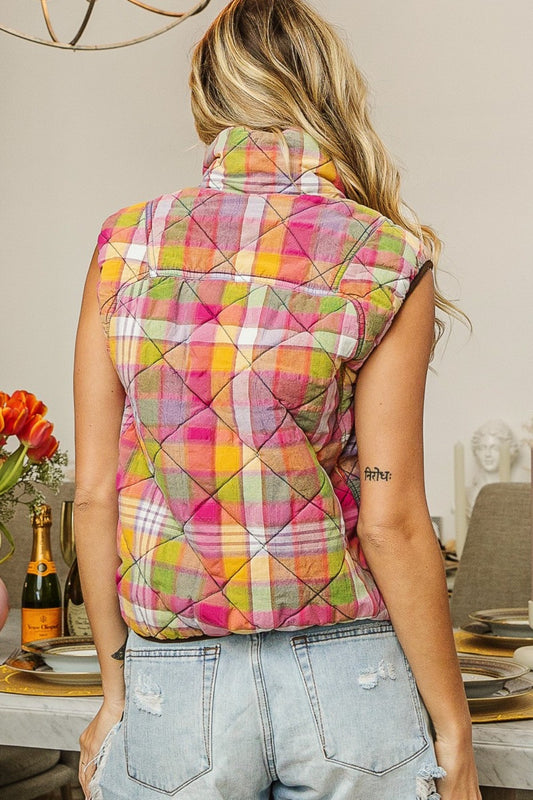 BiBi Quilted Washed Plaid Snap Down Vest Shirt Apparel BiBi Clothing Tops Ship from USA Shirts USA Women Trendsi https://www.cyberehub.com