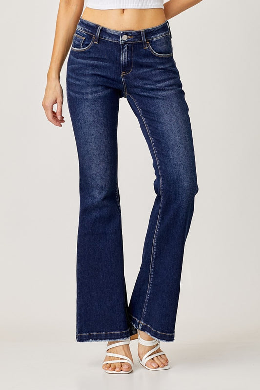 RISEN Full Size Low Rise Flare Jeans Dark Bottoms Bottoms Clothing Pants RISEN Ship from USA Women Trendsi https://www.cyberehub.com