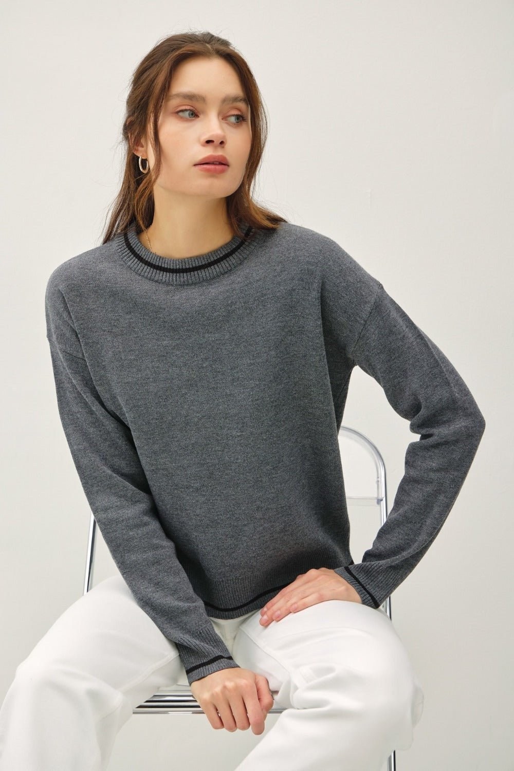 Be Cool Striped Trim Round Neck Long Sleeve Sweater Charcoal Tops/Jackets/Sweaters BE COOL Clothing Tops Ship from USA TikTok Trendsi USPS Walmart Trendsi https://www.cyberehub.com