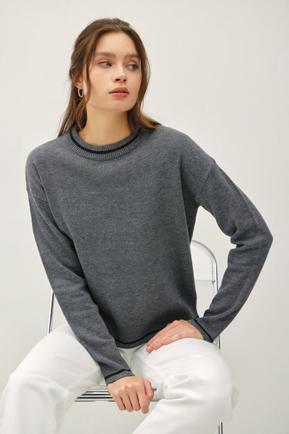 Be Cool Striped Trim Round Neck Long Sleeve Sweater Charcoal Tops/Jackets/Sweaters BE COOL Clothing Tops Ship from USA TikTok Trendsi USPS Walmart Trendsi https://www.cyberehub.com