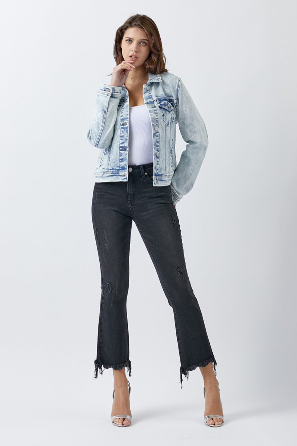 RISEN Button Up Washed Denim Jacket Shirt Apparel Clothing Tops RISEN Ship from USA Shirts USA Women Trendsi https://www.cyberehub.com