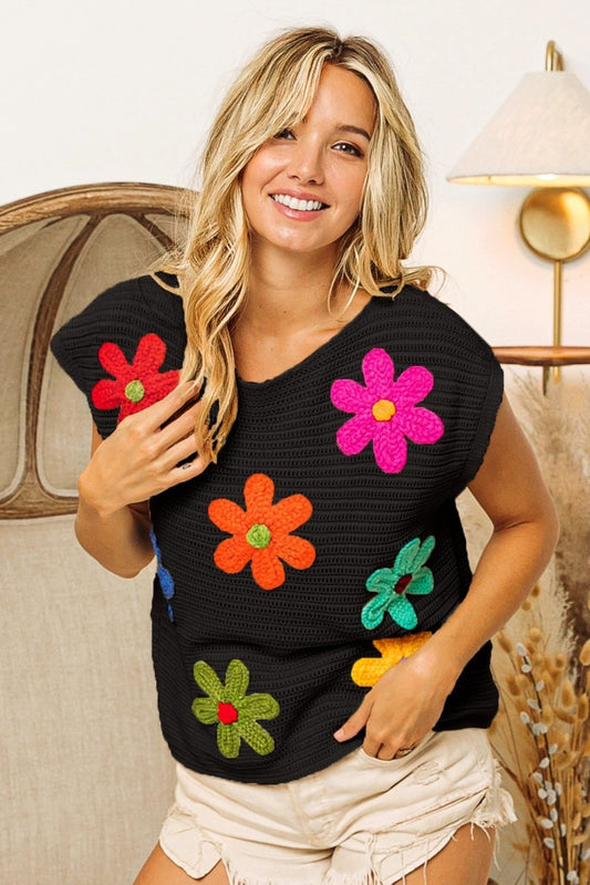 BiBi Flower Round Neck Cap Sleeve Knit Top Black Multi Shirt Apparel BiBi Clothing Tops Ship from USA Shirts USA Women Trendsi https://www.cyberehub.com