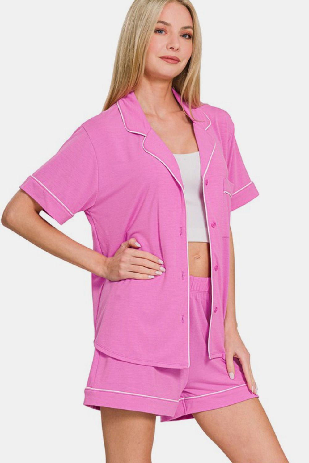Zenana Button Down Short Sleeve Top and Shorts Lounge Set Apparel Apparel Ship from USA TikTok Trendsi Zenana Trendsi https://www.cyberehub.com