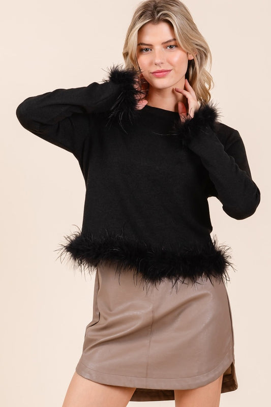 Mittoshop Feather Trim Long Sleeve Crop Hacci Knit Top Black Shirt Apparel Clothing Tops Mittoshop Ship from USA Shirts USA Women Trendsi https://www.cyberehub.com