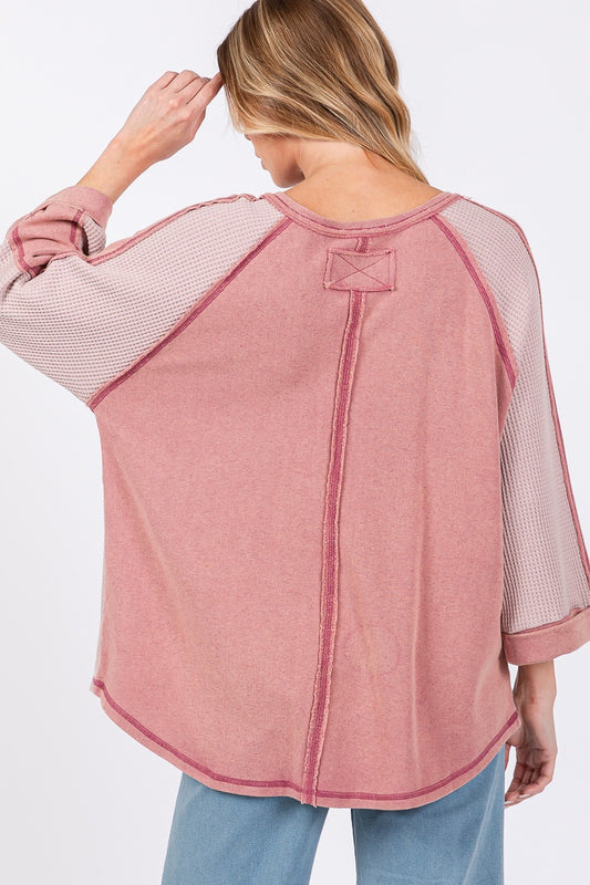 SAGE + FIG Star Applique Patch Exposed Seam Waffle Knit Top Shirt Apparel Clothing Tops SAGE+FIG Ship from USA Shirts USA Women Trendsi https://www.cyberehub.com
