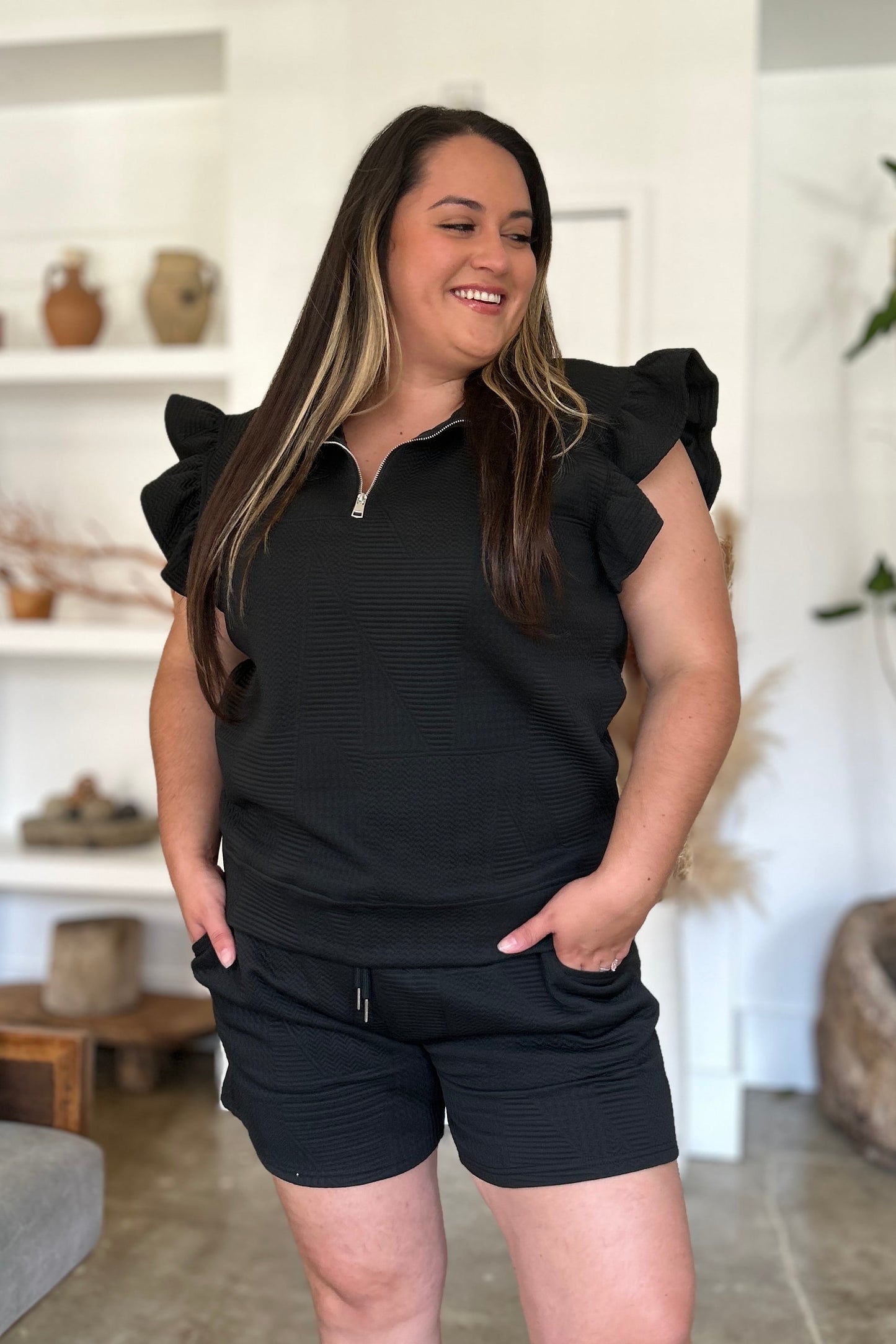 Double Take Full Size Texture Flounce Sleeve Top and Shorts Set Tops/Jackets/Sweaters Clothing Tops Double Take Ship from USA TikTok Trendsi USPS Walmart Trendsi https://www.cyberehub.com