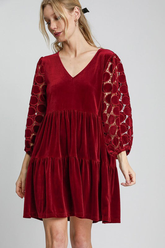 Umgee Dotted Lace Sleeve Tiered Velvet Mini Dress Burgundy Apparel Apparel Ship from USA TikTok Trendsi Umgee USA Trendsi https://www.cyberehub.com