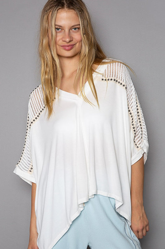 POL Oversize V-Neck Crochet Lace Contrast Studded Top Ivory Apparel/Tops POL Ship from USA TikTok Tops Trendsi USPS Walmart Walmart Apparel Trendsi https://www.cyberehub.com