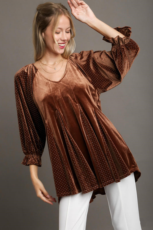 Umgee Godet Hem Polka Dot V-Neck Blouse Brown Apparel Apparel Ship from USA TikTok Trendsi Umgee USA Trendsi https://www.cyberehub.com