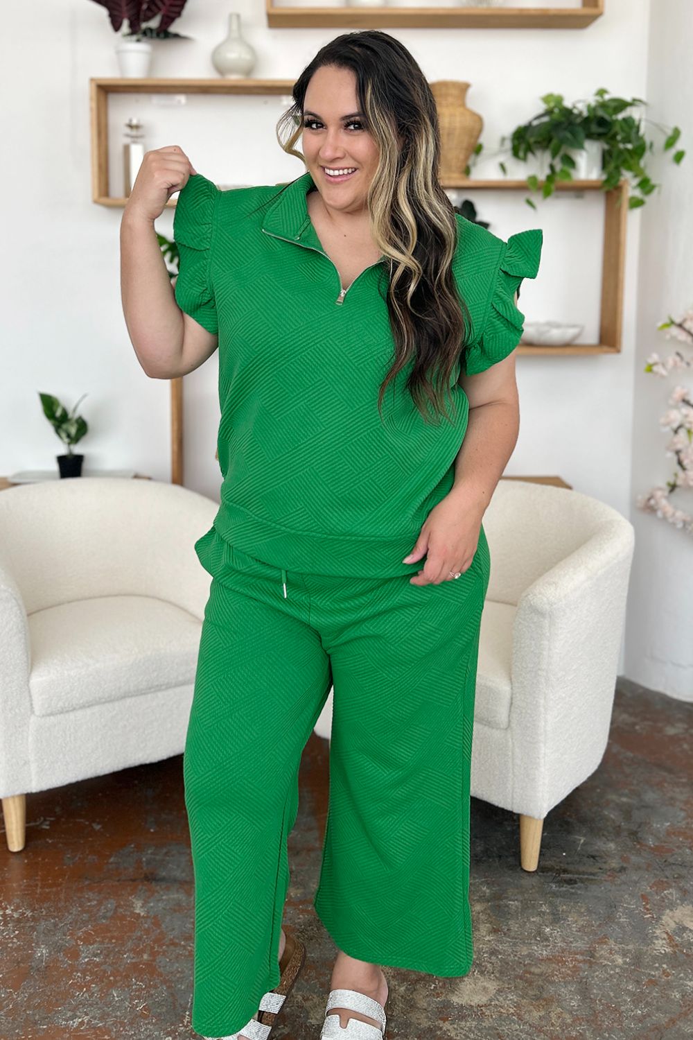 Double Take Texture Ruffle Short Sleeve Top and Drawstring Wide Leg Pants Set Apparel/Tops Double Take Ship from USA TikTok Tops Trendsi USPS Walmart Walmart Apparel Trendsi https://www.cyberehub.com
