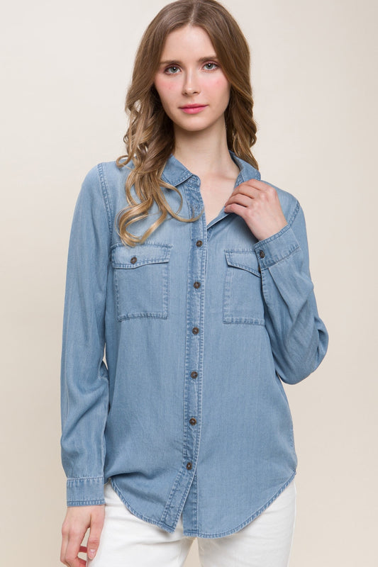 Love Tree Scooped Hem Button Up Denim Shirt Blue Apparel/Tops LOVE TREE Memorial Day Sale Ship from USA TikTok Tops Trendsi USPS Walmart Walmart Apparel Trendsi https://www.cyberehub.com