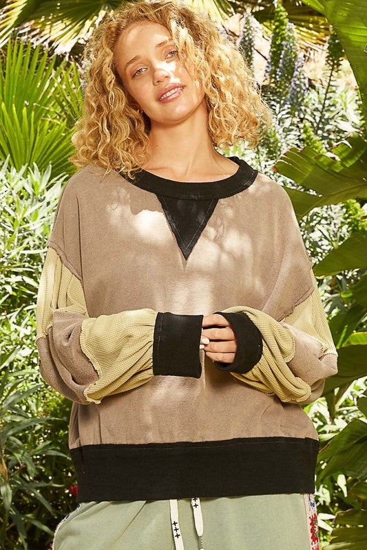 POL Waffle-Knit Detail Color Block Round Neck Sweatshirt Mocha Apparel/Tops POL Ship from USA TikTok Tops Trendsi USPS Walmart Walmart Apparel Trendsi https://www.cyberehub.com