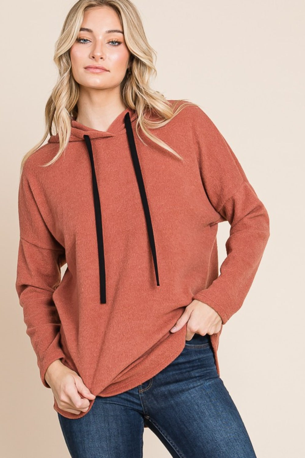 BOMBOM Contrast Drawstring Drop Shoulder Knit Hoodie Brick Tops/Jackets/Sweaters BOMBOM Clothing Tops Ship from USA TikTok Trendsi USPS Walmart Trendsi https://www.cyberehub.com