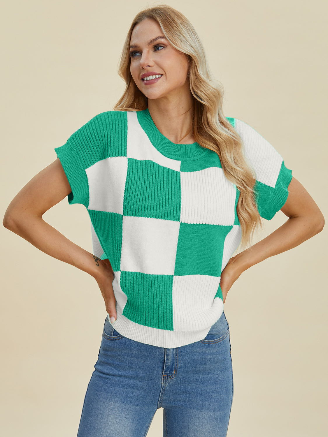 Double Take Full Size Checkered Round Neck Short Sleeve Sweater Shirt Apparel Clothing Tops Double Take Ship from USA Shirts USA Women Trendsi https://www.cyberehub.com