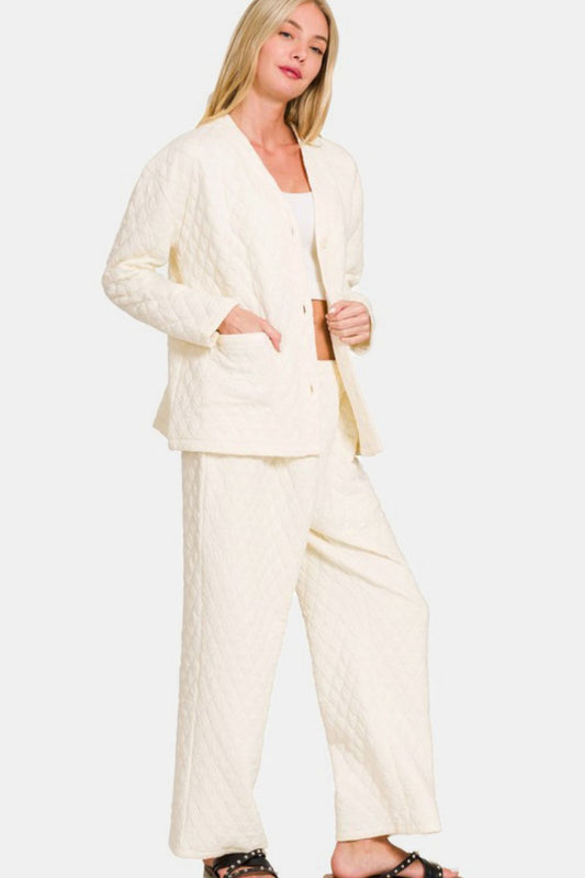 Zenana Quilted Button Up Long Sleeve Top and Pants Lounge Set Apparel Apparel Ship from USA TikTok Trendsi Zenana Trendsi https://www.cyberehub.com
