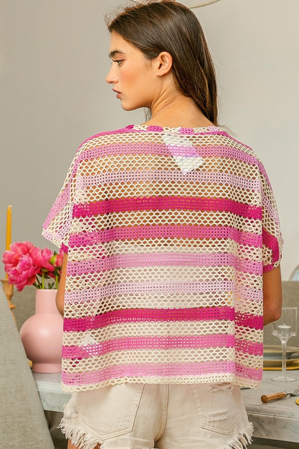 BiBi Striped Openwork Short Sleeve Knit Cover Up Shirt Apparel BiBi Clothing Tops Ship from USA Shirts USA Women Trendsi https://www.cyberehub.com