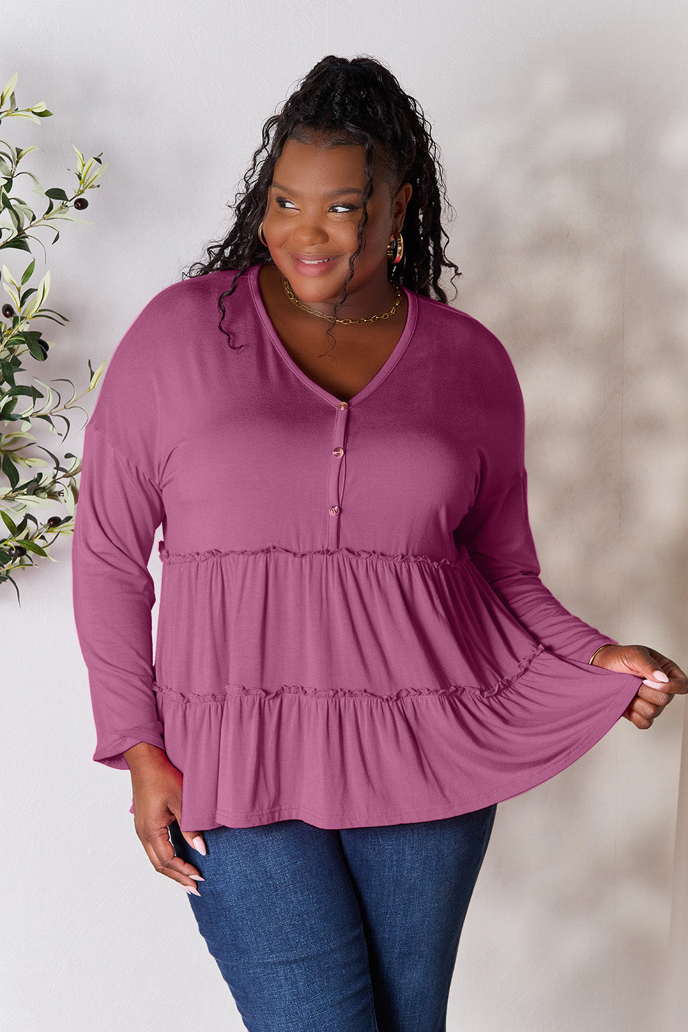 Double Take Half Button Long Sleeve Ruffle Hem Blouse Lilac Apparel/Tops Double Take Ship from USA TikTok Tops Trendsi USPS Walmart Walmart Apparel Trendsi https://www.cyberehub.com