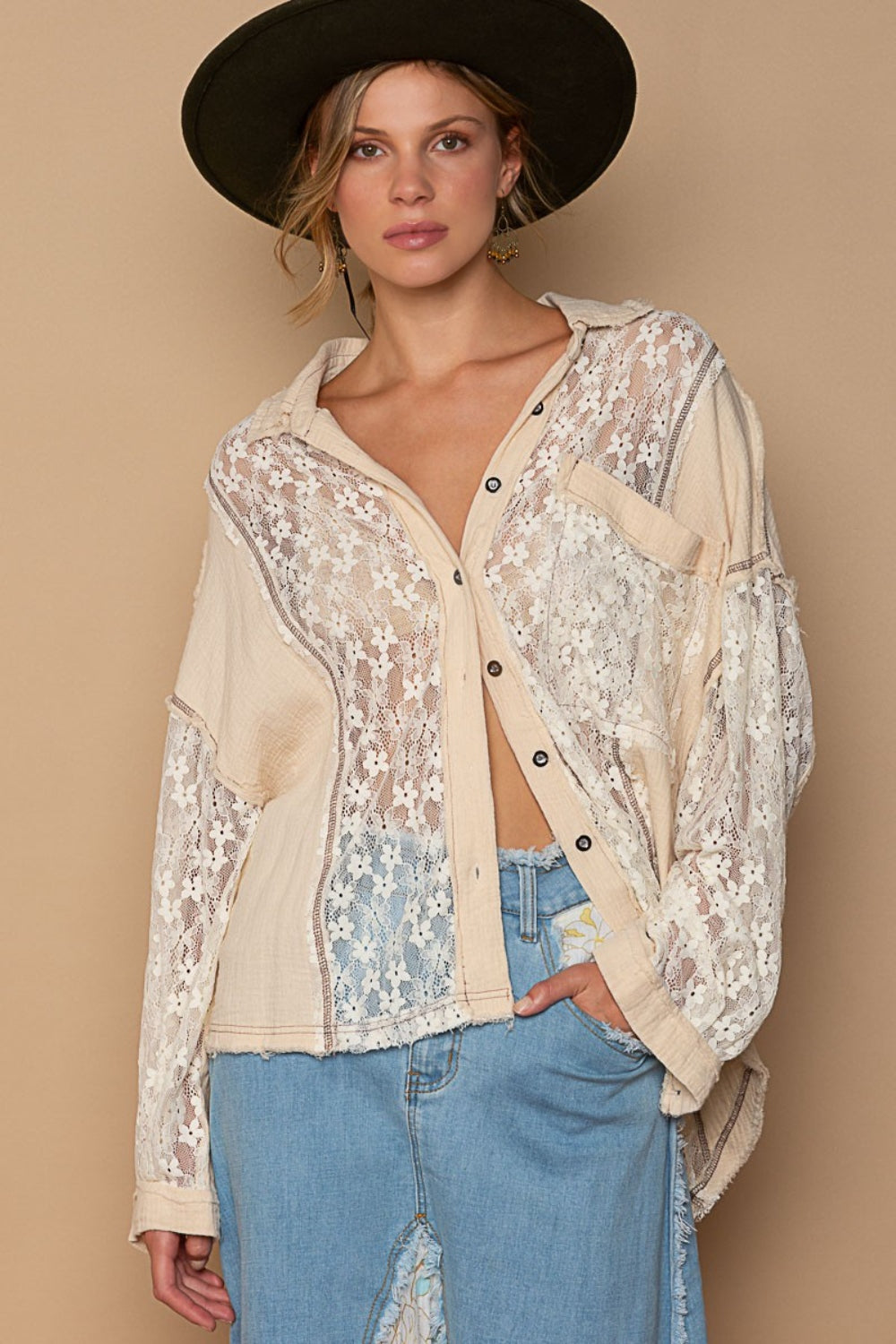POL Oversize Lace Button-Down Shirt Sand Apparel/Tops POL Ship from USA TikTok Tops Trendsi USPS Walmart Walmart Apparel Trendsi https://www.cyberehub.com