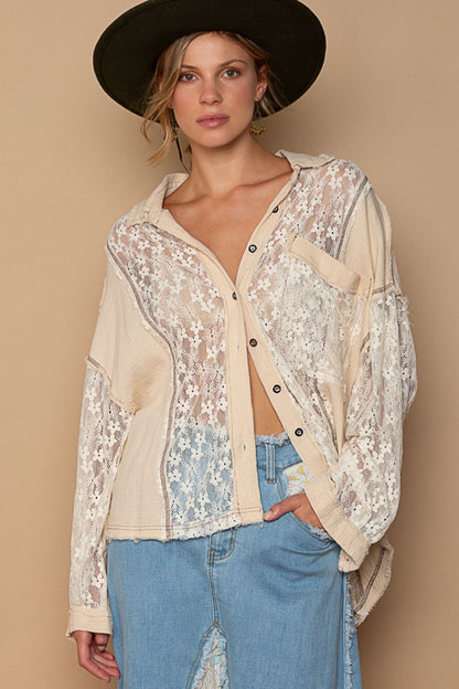 POL Oversize Lace Button-Down Shirt Sand Apparel/Tops POL Ship from USA TikTok Tops Trendsi USPS Walmart Walmart Apparel Trendsi https://www.cyberehub.com