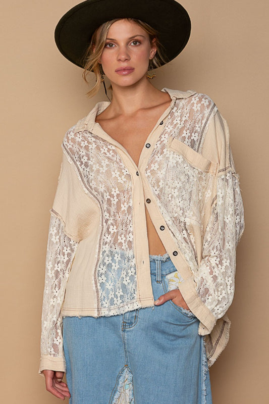 POL Oversize Lace Button-Down Shirt Sand Apparel/Tops POL Ship from USA TikTok Tops Trendsi USPS Walmart Walmart Apparel Trendsi https://www.cyberehub.com