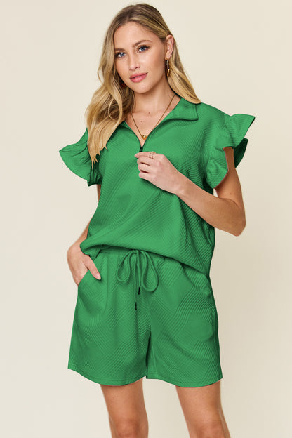 Double Take Full Size Texture Flounce Sleeve Top and Drawstring Shorts Set Mid Green Apparel/Tops Double Take Ship from USA TikTok Tops Trendsi USPS Walmart Walmart Apparel Trendsi https://www.cyberehub.com