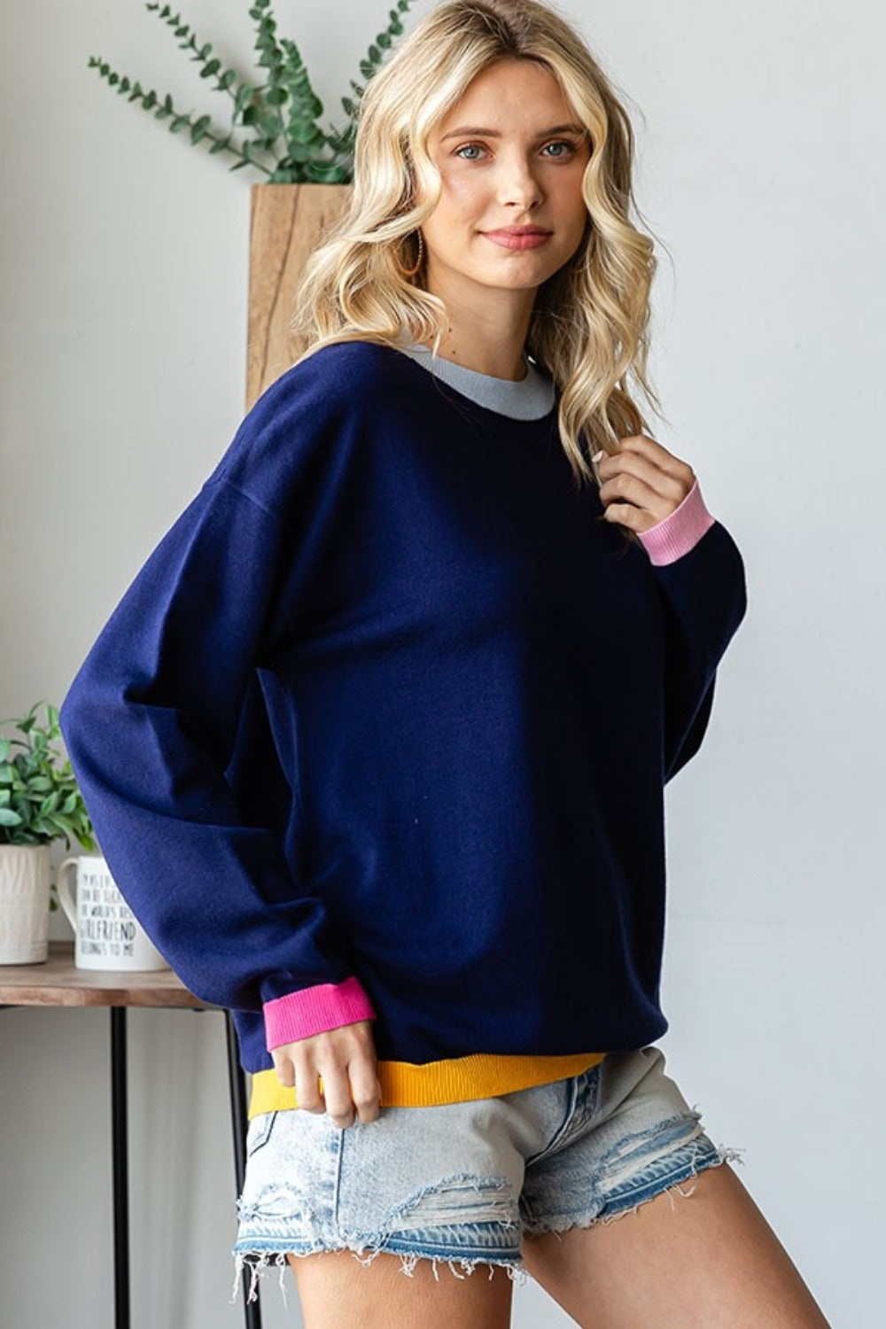 First Love Contrast Ribbed Round Neck Long Sleeve Sweater Shirt Apparel Clothing Tops First Love Ship from USA Shirts USA Women Trendsi https://www.cyberehub.com