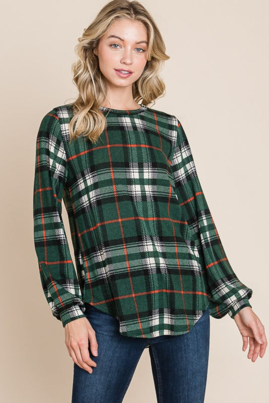 BOMBOM Curved Hem Plaid Round Neck Long Sleeve Top Green Apparel/Tops BOMBOM Ship from USA TikTok Tops Trendsi USPS Walmart Walmart Apparel Trendsi https://www.cyberehub.com