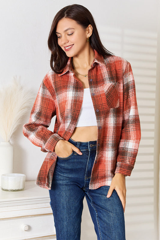 Plaid Collared Neck Long Sleeve Shirt Caramel Apparel/Tops Ship from USA SYNZ TikTok Tops Trendsi USPS Walmart Walmart Apparel Trendsi https://www.cyberehub.com