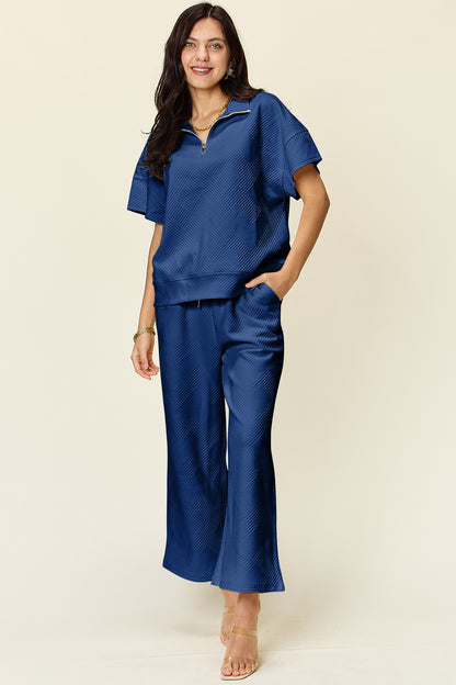 Double Take Full Size Texture Half Zip Short Sleeve Top and Pants Set Royal Blue Apparel/Tops Double Take Ship from USA TikTok Tops Trendsi USPS Walmart Walmart Apparel Trendsi https://www.cyberehub.com