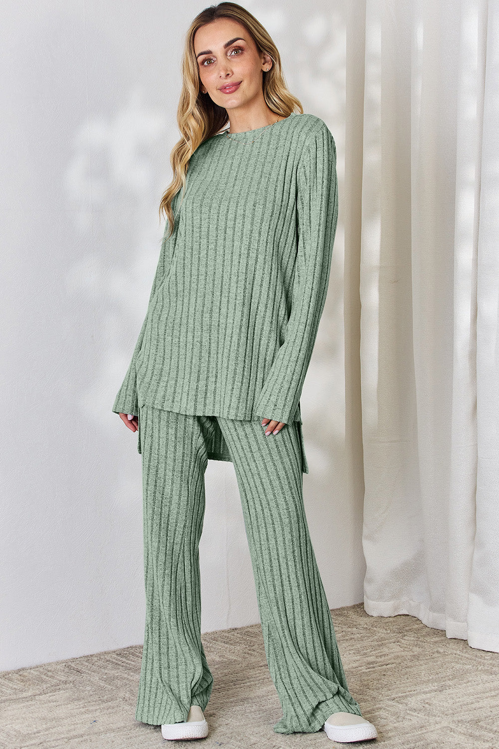 Basic Bae Full Size Ribbed High-Low Top and Wide Leg Pants Set Light Green Apparel/Tops Basic Bae Ship from USA TikTok Tops Trendsi USPS Walmart Walmart Apparel Trendsi https://www.cyberehub.com