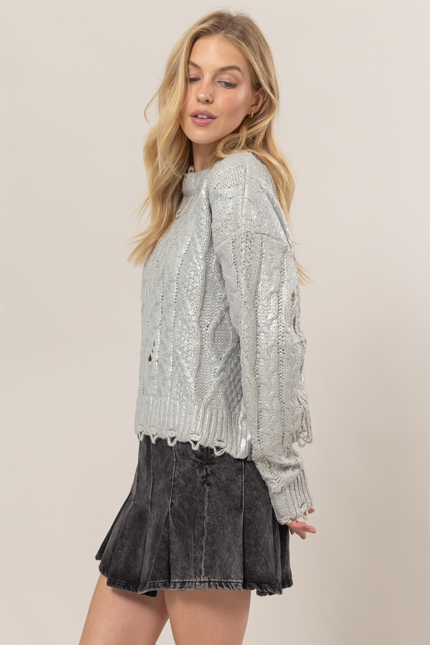 HYFVE Distressed Cable-Knit Round Neck Long Sleeve Sweater Tops/Jackets/Sweaters Clothing Tops HYFVE Ship from USA TikTok Trendsi USPS Walmart Trendsi https://www.cyberehub.com