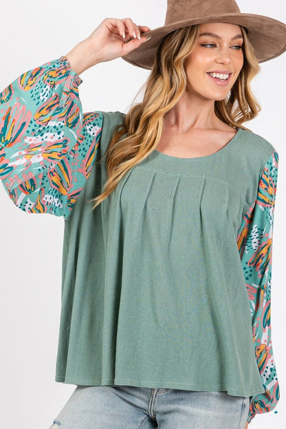 SAGE + FIG Ruched Round Neck Printed Bubble Sleeve Top Sage Tops/Jackets/Sweaters Clothing Tops SAGE+FIG Ship from USA TikTok Trendsi USPS Walmart Trendsi https://www.cyberehub.com