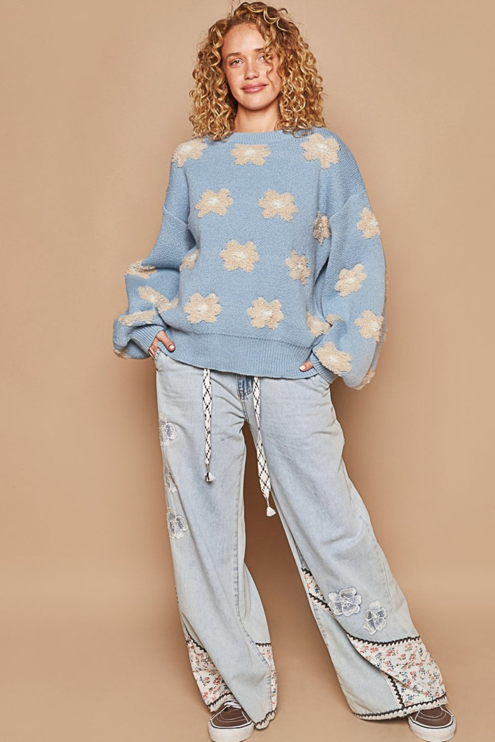 POL Daisy Pattern Drop Shoulder Sweater Shirt Apparel Clothing Tops POL Ship from USA Shirts USA Women Trendsi https://www.cyberehub.com