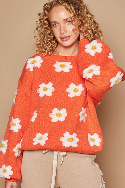 POL Daisy Pattern Drop Shoulder Sweater Sun Orange Shirt Apparel Clothing Tops POL Ship from USA Shirts USA Women Trendsi https://www.cyberehub.com