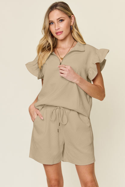 Double Take Full Size Texture Flounce Sleeve Top and Drawstring Shorts Set Khaki Apparel/Tops Double Take Ship from USA TikTok Tops Trendsi USPS Walmart Walmart Apparel Trendsi https://www.cyberehub.com