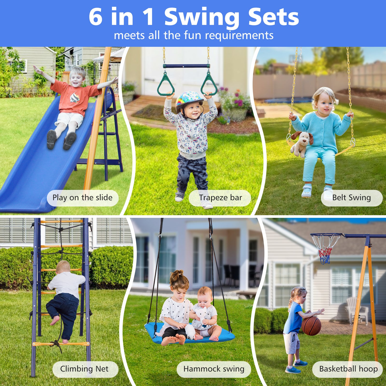 500 lbs 7 in 1 Swing Set for Kids Backyard Outdoor A-Frame Heavy-Duty Metal Swing Sets with Slide, 2 Swing Seats, 1 Climbing Net & Ladder, 1 Gym Ring, 1 Basket Giga GNJ Kids Toys Giga https://www.cyberehub.com