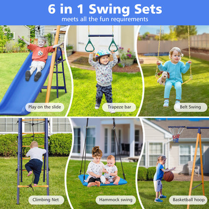 500 lbs 7 in 1 Swing Set for Kids Backyard Outdoor A-Frame Heavy-Duty Metal Swing Sets with Slide, 2 Swing Seats, 1 Climbing Net & Ladder, 1 Gym Ring, 1 Basket Giga GNJ Kids Toys Giga https://www.cyberehub.com