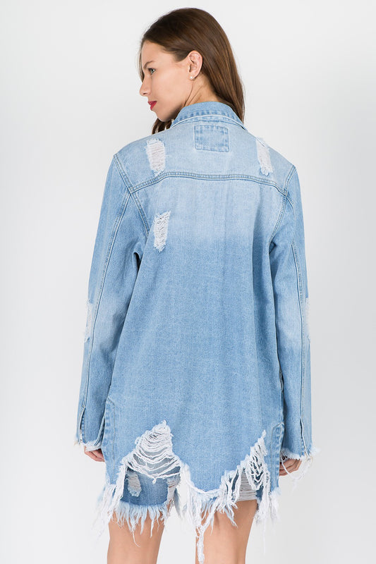 American Bazi Distressed Frayed Hem Denim Jacket Tops/Jackets/Sweaters American Bazi Clothing Tops Ship from USA TikTok Trendsi USPS Walmart Trendsi https://www.cyberehub.com