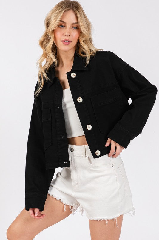 bytos Button Down Cropped Denim Jacket with Patch Pockets Black Apparel Apparel bytos Ship from USA TikTok Trendsi Trendsi https://www.cyberehub.com