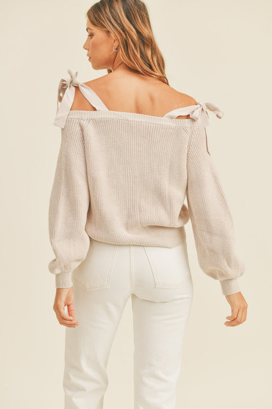 MABLE Off Shoulder Self Tie Strap Button Down Sweater Shirt Apparel Clothing Tops MABLE Ship from USA Shirts USA Women Trendsi https://www.cyberehub.com