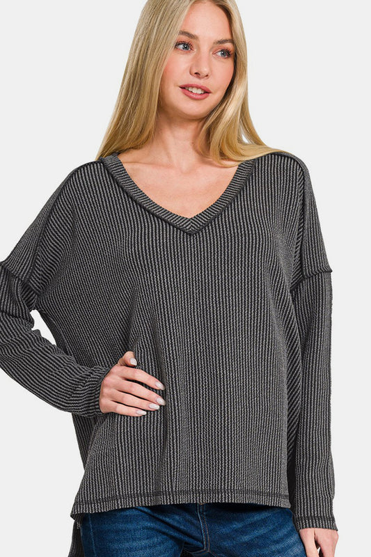Zenana Texture Exposed Seam V-Neck Long Sleeve T-Shirt Charcoal Apparel/Tops Ship from USA TikTok Tops Trendsi USPS Walmart Walmart Apparel Zenana Trendsi https://www.cyberehub.com