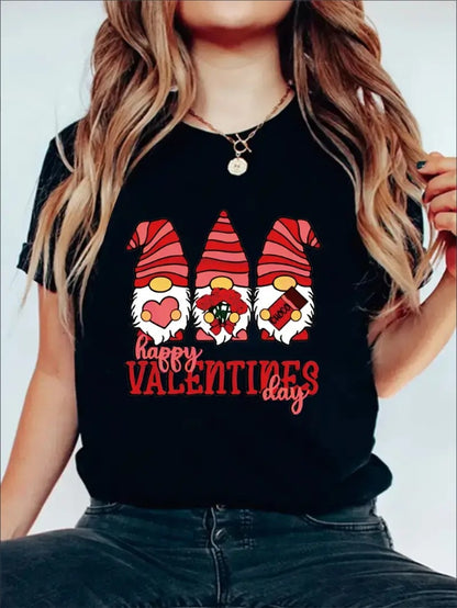 Dwarf Happy Valentines Day Print Tee, Casual Short Sleeve Crew Neck T-shirt, Women'S Clothing Black Apparel/Shirt/Graphic Shirt SNULLO https://www.cyberehub.com