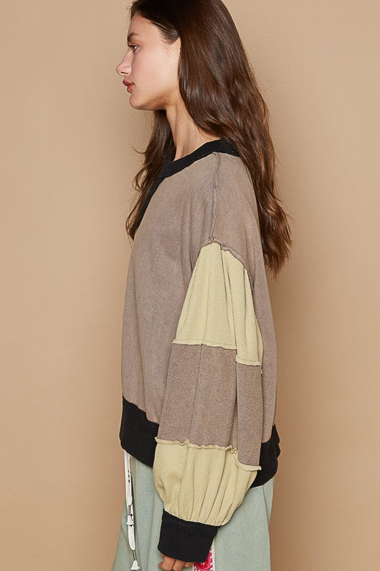 POL Waffle-Knit Detail Color Block Round Neck Sweatshirt Apparel/Tops POL Ship from USA TikTok Tops Trendsi USPS Walmart Walmart Apparel Trendsi https://www.cyberehub.com