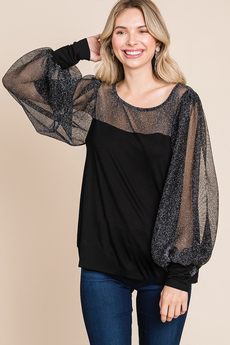 Super Lady Full Size Metallic Mesh Lantern Sleeve Blouse Apparel/Tops Ship from USA Super Lady TikTok Tops Trendsi USPS Walmart Walmart Apparel Trendsi https://www.cyberehub.com