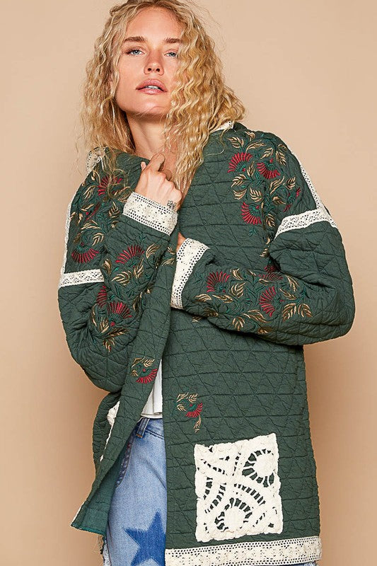 POL Embroidered Open Front Quilted Jacket with Crochet Pockets Tops/Jackets/Sweaters Clothing Tops POL Ship from USA TikTok Trendsi USPS Walmart Trendsi https://www.cyberehub.com