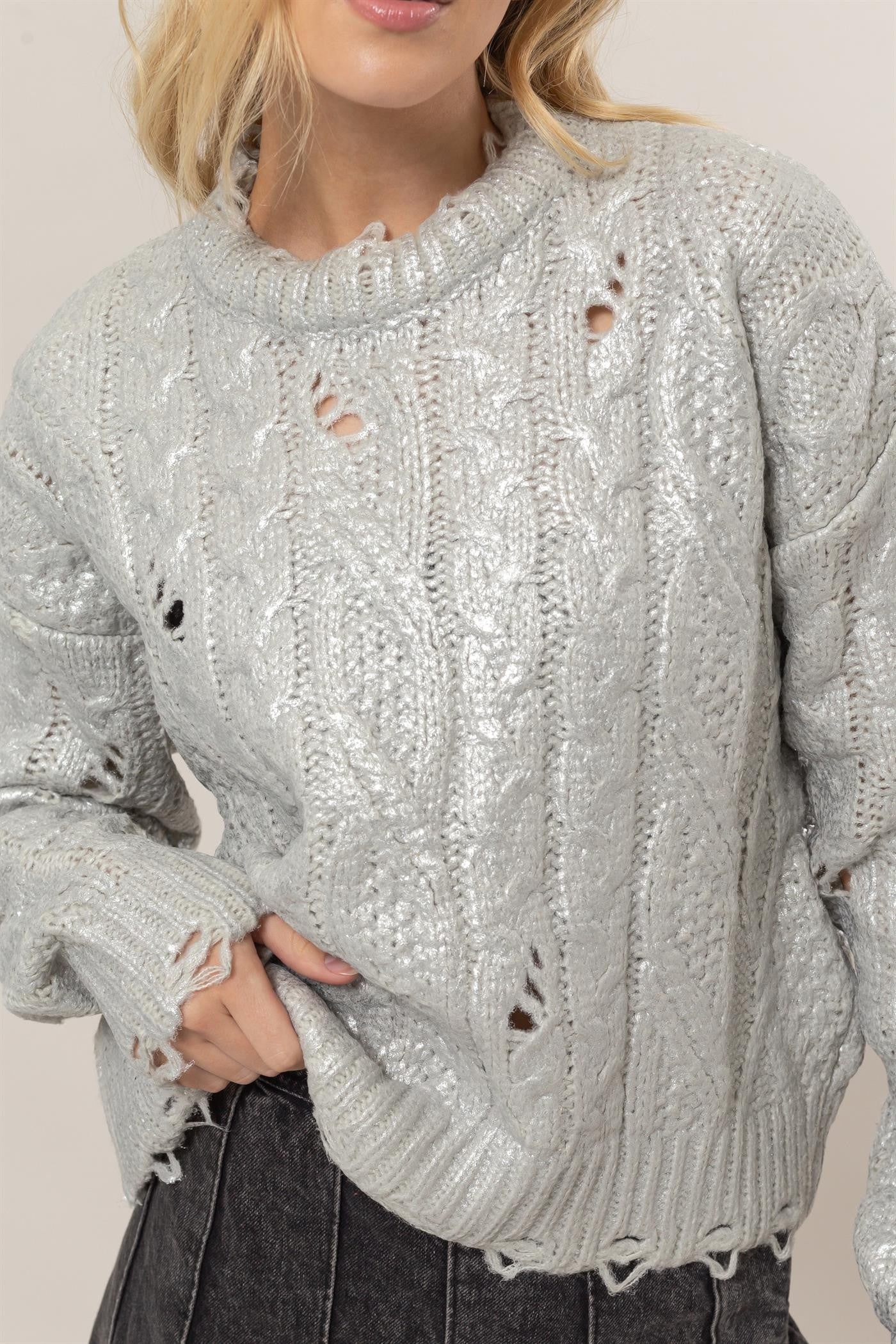 HYFVE Distressed Cable-Knit Round Neck Long Sleeve Sweater Tops/Jackets/Sweaters Clothing Tops HYFVE Ship from USA TikTok Trendsi USPS Walmart Trendsi https://www.cyberehub.com