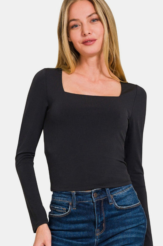 Zenana Square Neck Fitted Long Sleeve T-Shirt Black Tops/Jackets/Sweaters Clothing Tops Ship from USA TikTok Trendsi USPS Walmart Zenana Trendsi https://www.cyberehub.com