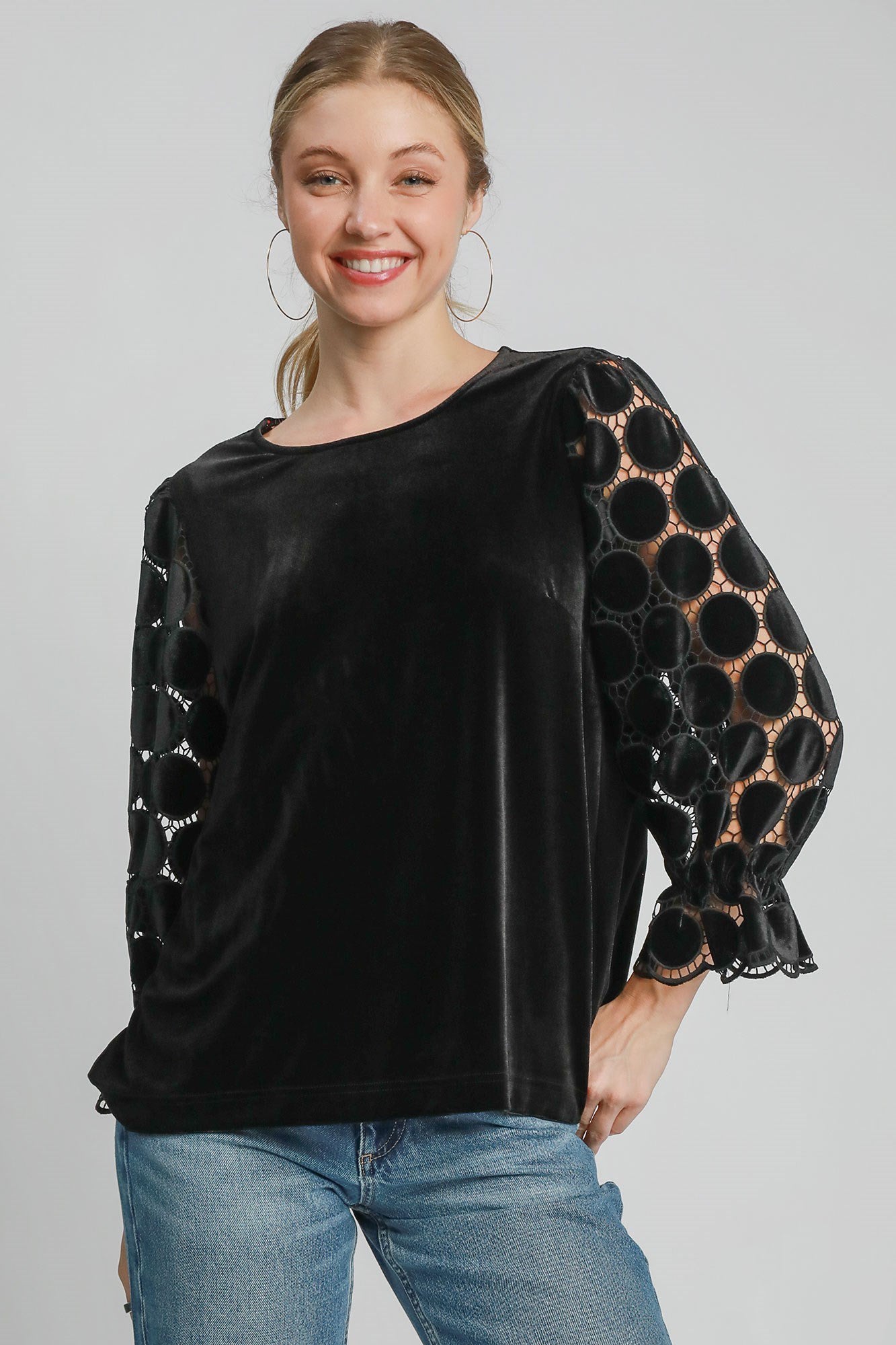 Umgee Polka Dot Lace Long Sleeve Round Neck Blouse Black Apparel Apparel Ship from USA TikTok Trendsi Umgee USA Trendsi https://www.cyberehub.com
