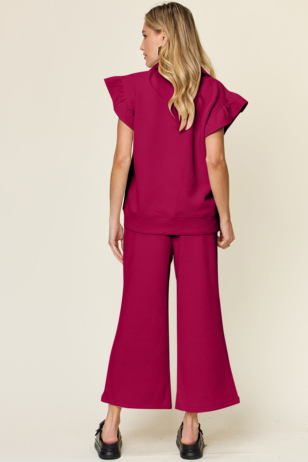 Double Take Texture Ruffle Short Sleeve Top and Drawstring Wide Leg Pants Set Apparel/Tops Double Take Ship from USA TikTok Tops Trendsi USPS Walmart Walmart Apparel Trendsi https://www.cyberehub.com